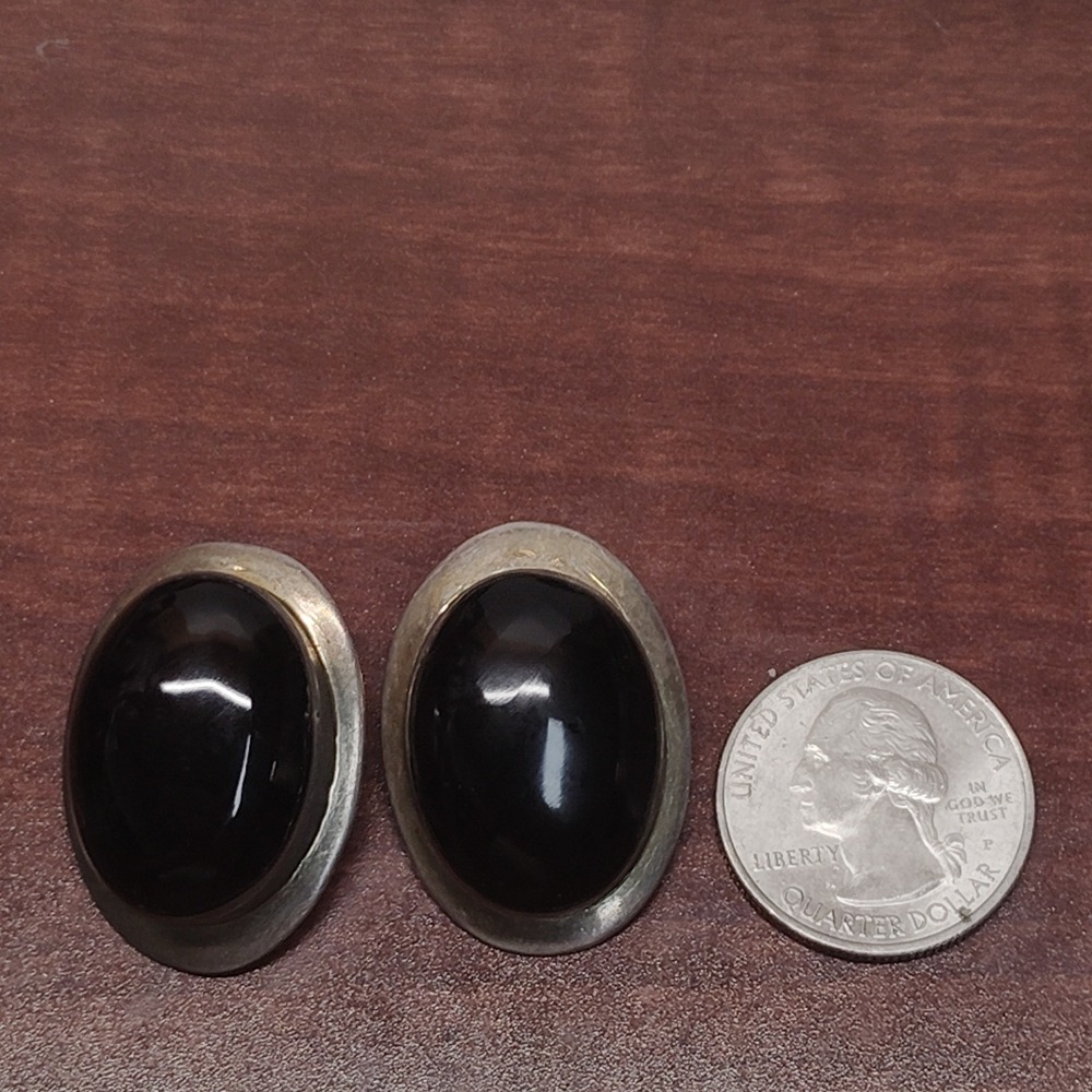 Vintage Mexico Sterling Silver Black Onyx Clip-On Earrings .925 - Picture 5 of 5